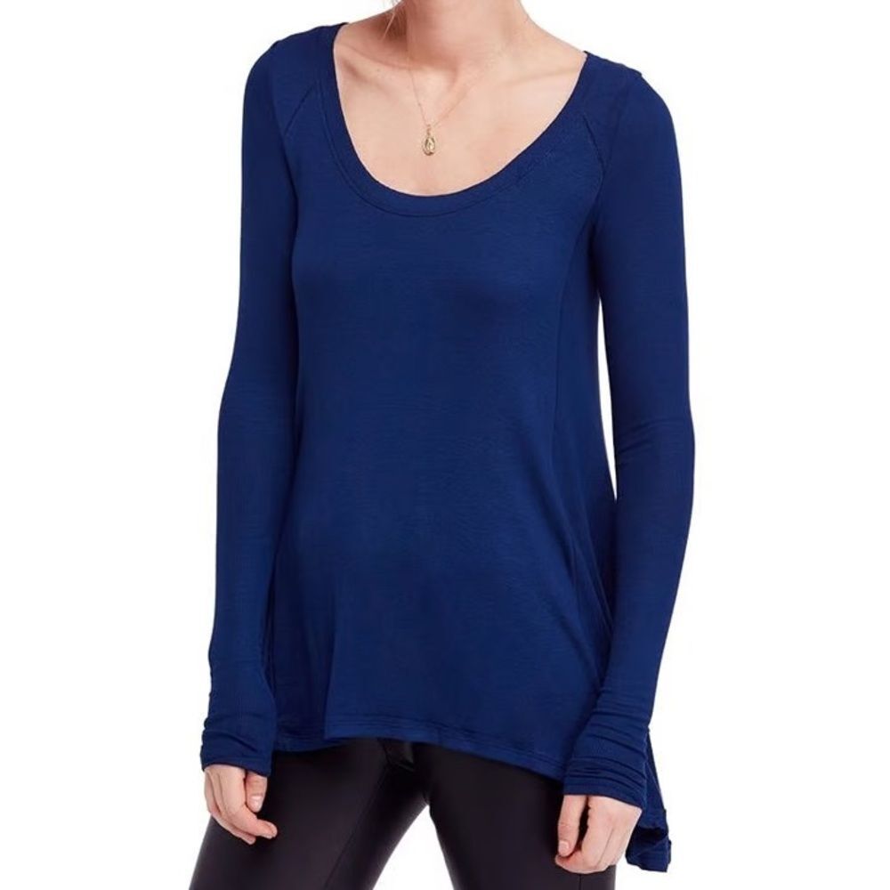 Free People Navy Blue January Scoop Neck Ribbed Long Sleeve Boho Tee Sz L - Picture 2 of 6